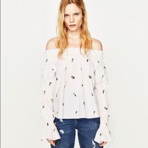 Zara off the shoulder white flower blouse